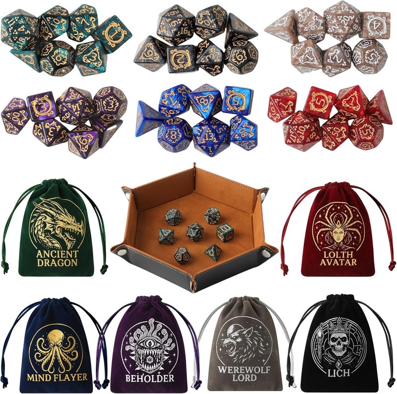 Grajar Vintage Boss Totem 42 Piece Polyhedral Dice Set with 6 Color Matched Velvet Boss Pouches & PU Leather Dice Tray for Dungeons & Dragons, RPG & Tabletop Games - Image 1